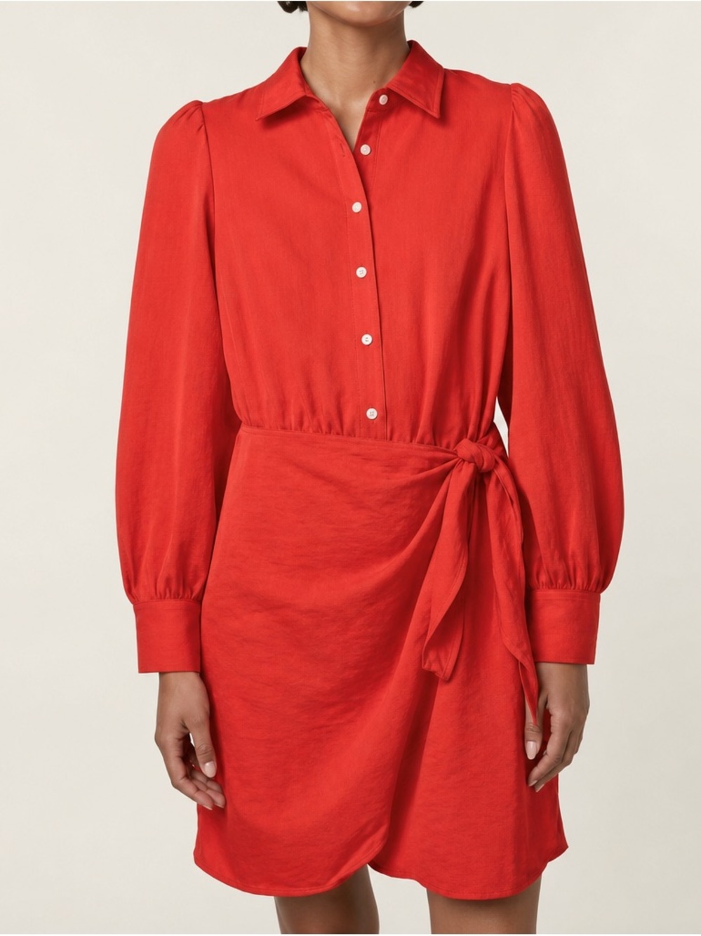 FRNCH Paris Odelie Red Rose Faux Wrap Tie Front Satin Long Sleeve Shirt Dress M